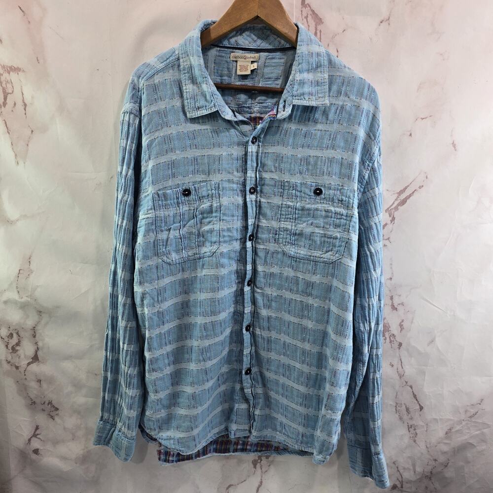 Carbon 2 Cobalt Shirt Mens Large Blue Gauze Double Cotton Button Carbon2Cobalt